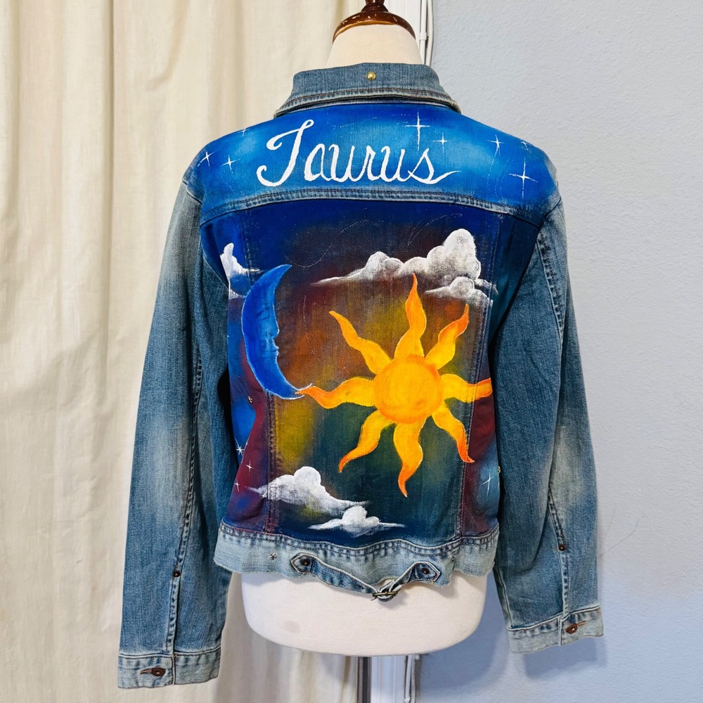 Upcycled Venezia Denim Jacket Hand Painted Taurus Sun Moon Celestial Art 18-20
